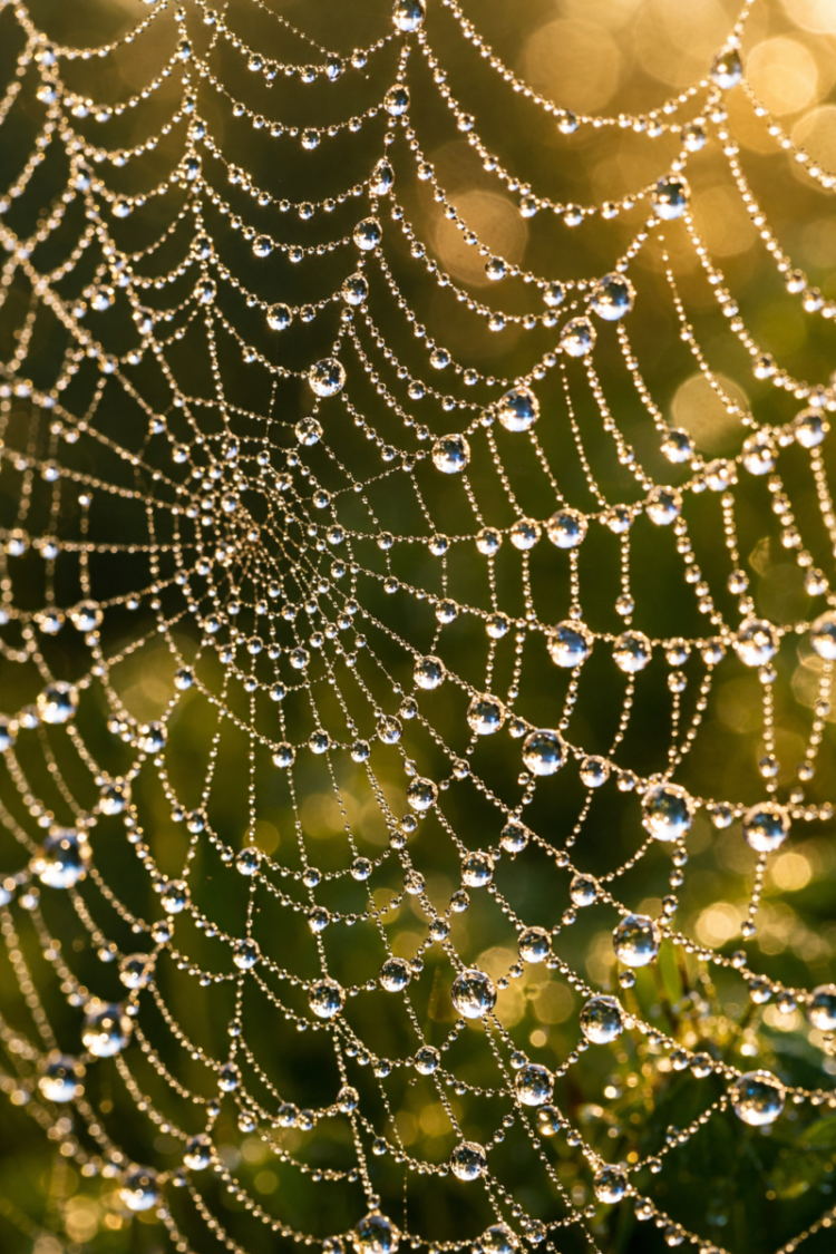 Close-up of a spider web covered in dew drops shining in soft morning sunlight with a blurred green background