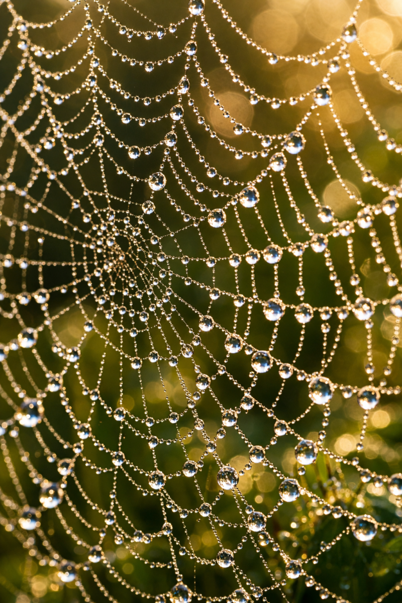 Close-up of a spider web covered in dew drops shining in soft morning sunlight with a blurred green background