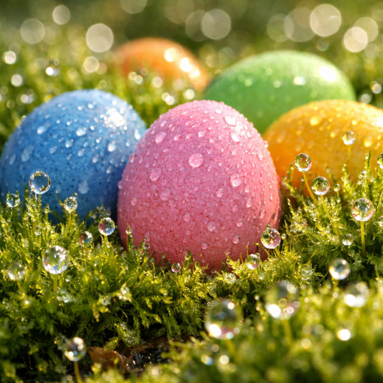 Close-up view of colourful Easter eggs covered in dew drops resting on vibrant green moss with sparkling water droplets