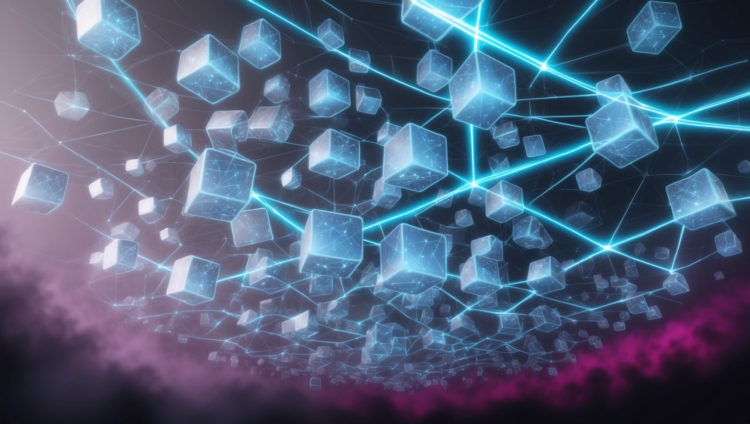 Futuristic 3D abstract composition of glowing blue cubes connected by neon lines floating over a dark background with purple mist