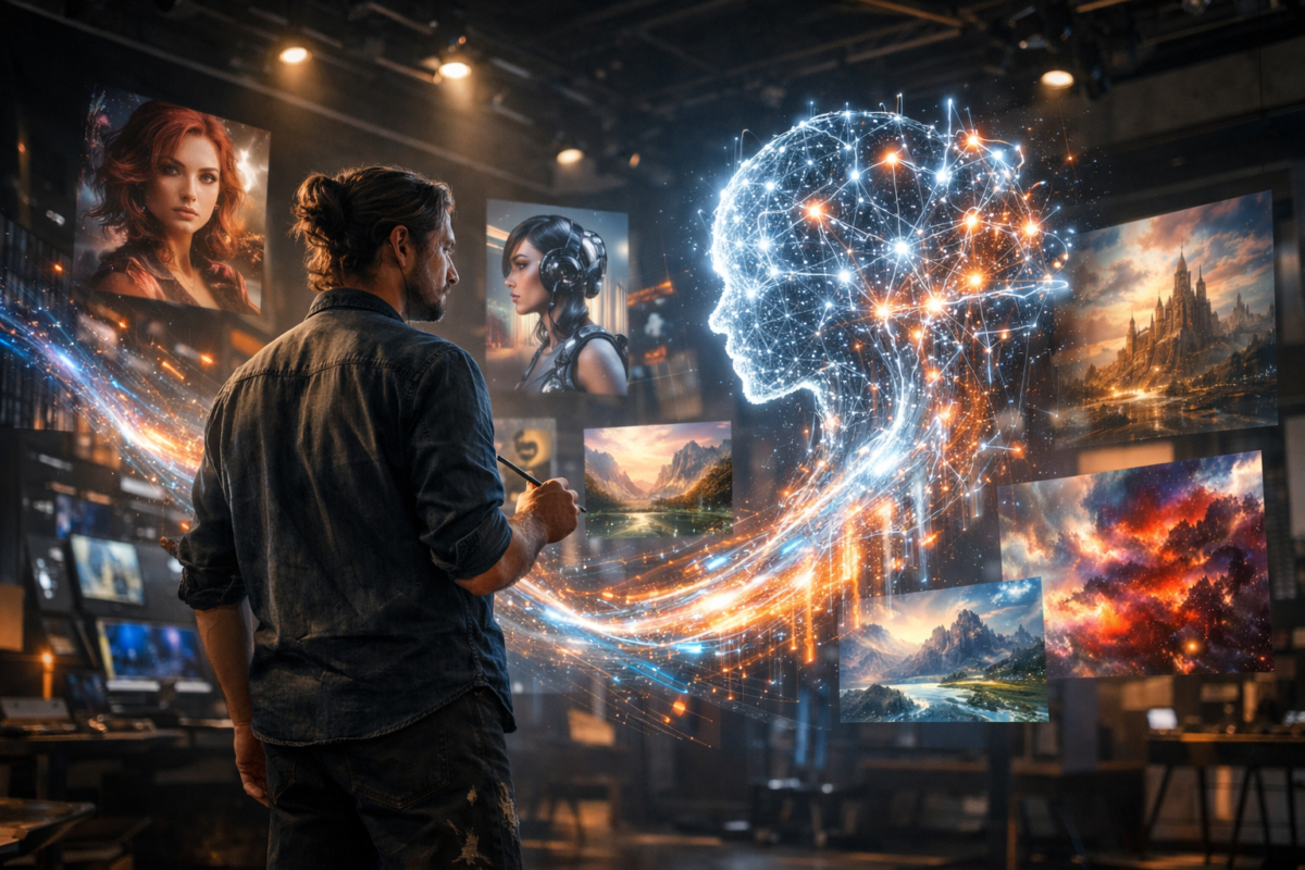 Man using a stylus to interact with a glowing AI neural network and digital art portraits in a workshop