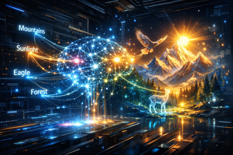 Futuristic digital brain simulation connecting labeled data to a photorealistic scene of mountains, sunlight, eagle, and forest