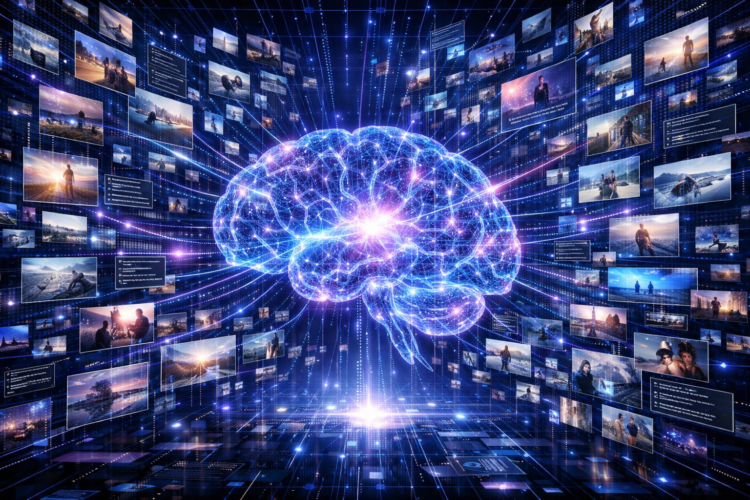 Glowing digital brain surrounded by streams of data and numerous floating video and image panels in a futuristic virtual space