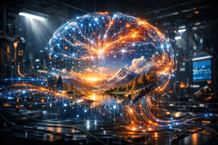 Glowing digital brain visualization with neural network lights surrounding a scenic mountain and lake landscape inside a futuristic lab.