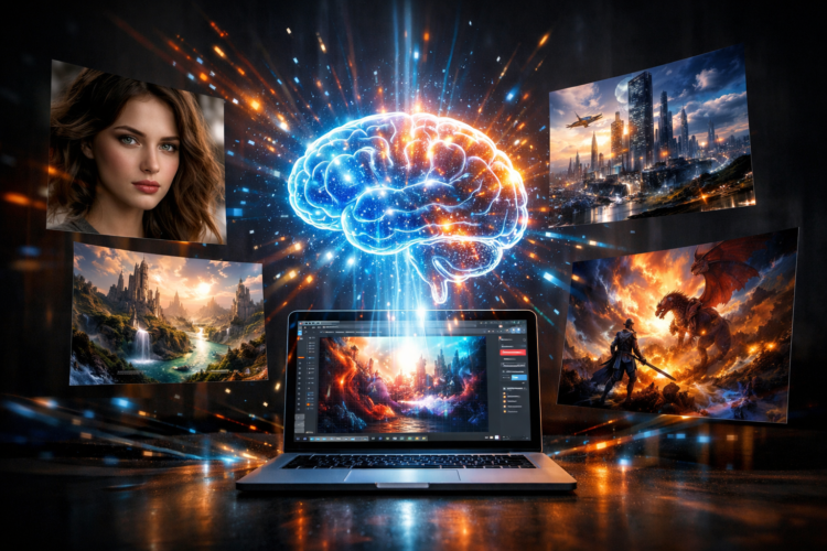 A laptop displaying digital art with a glowing brain above and various fantasy and cityscape images floating around
