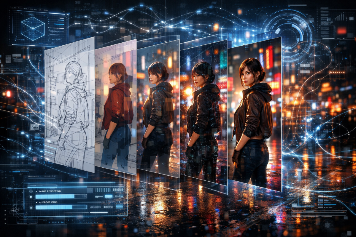 Progressive stages of a female digital portrait development from sketch to photorealistic image with AI data overlays