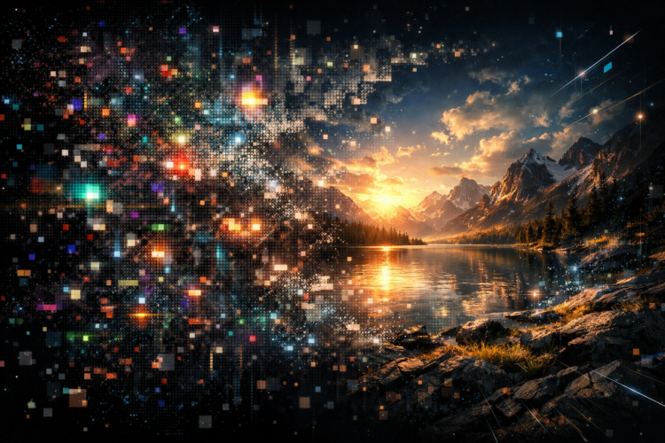 A stunning mountain lake sunset blending with vibrant digital pixelated effects creating a surreal scenic fusion.