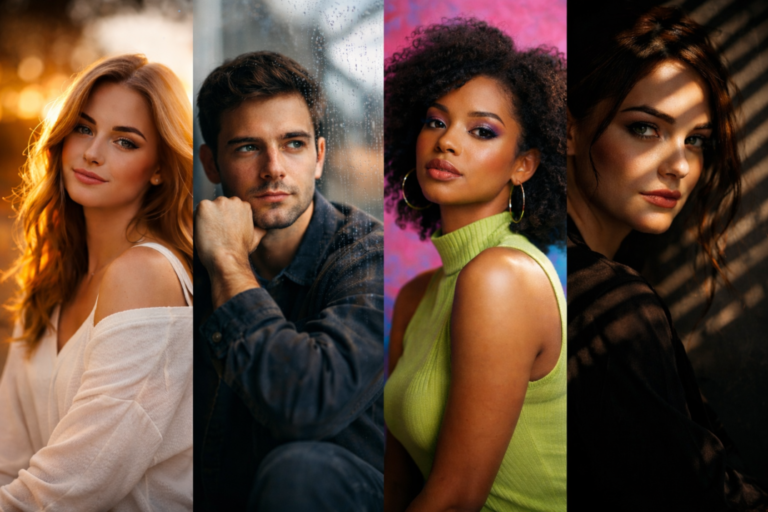 Four diverse young adults posing in distinct natural and artistic light settings, each showcasing unique styles and expressions