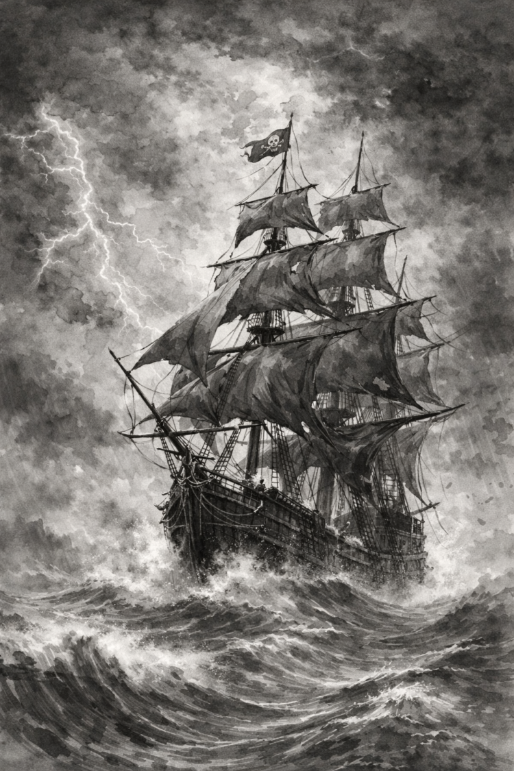 Black and white illustration of a pirate ship with tattered sails navigating rough seas under stormy skies with lightning.