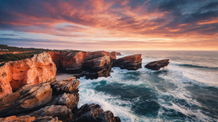 Vivid coastal cliffs with jagged rocks and turbulent waves under a colorful sunset sky