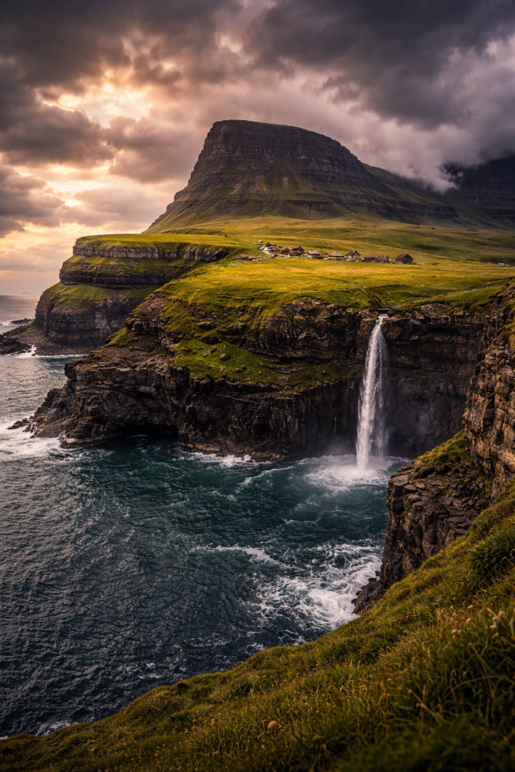 Dramatic coastal cliff with a waterfall flowing into the ocean and a small village atop the green plateau under cloudy sky