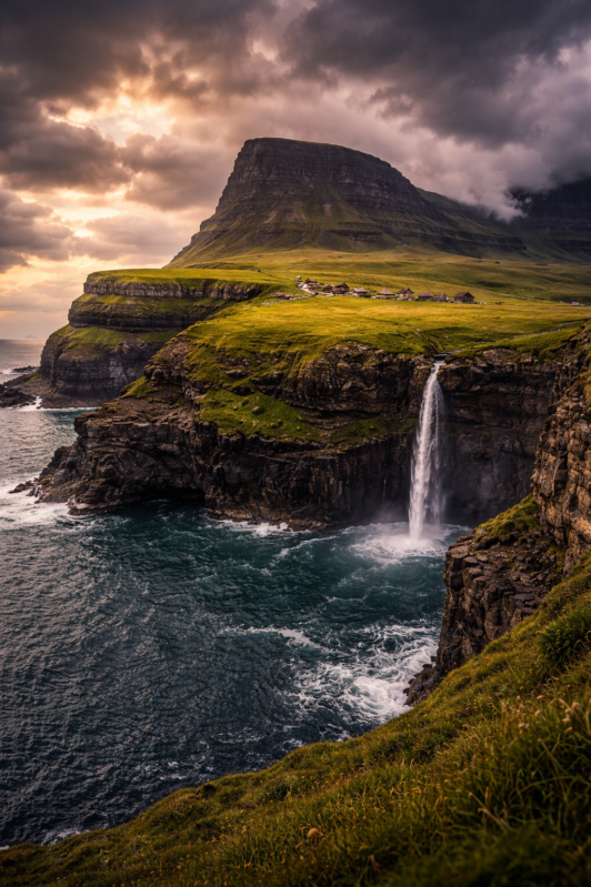 Dramatic coastal cliff with a waterfall flowing into the ocean and a small village atop the green plateau under cloudy sky