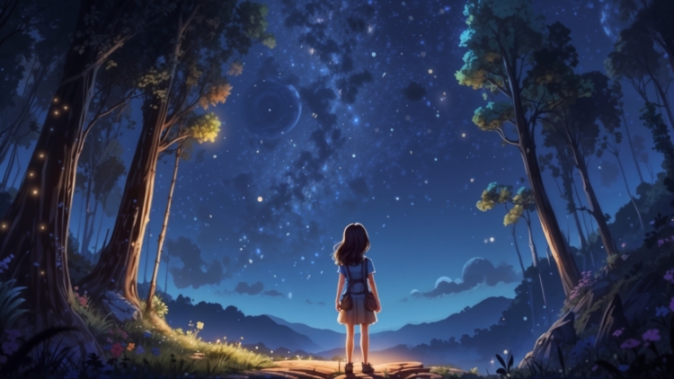 Animated scene of a young girl standing on a forest path, gazing at a star-filled night sky with glowing trees around her