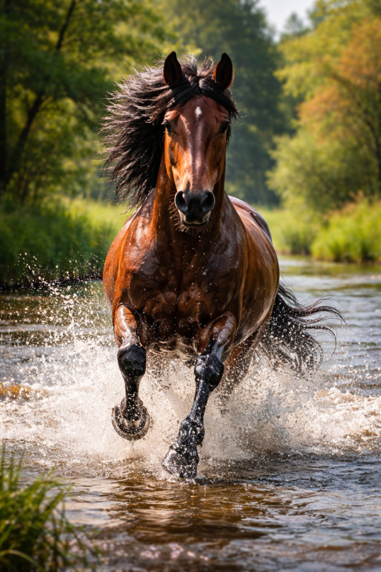 Powerful brown horse with flowing mane running through a shallow forest stream splashing water around