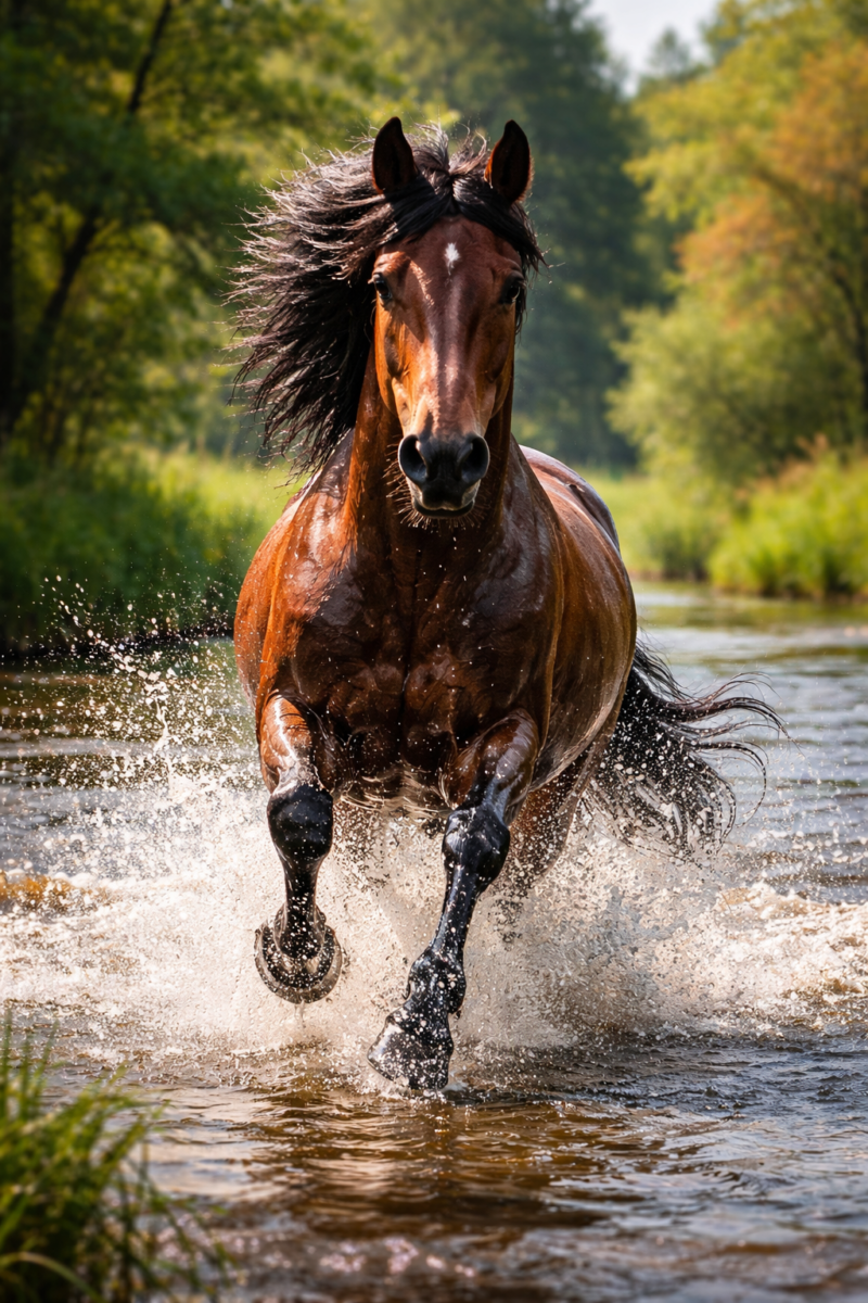 Powerful brown horse with flowing mane running through a shallow forest stream splashing water around