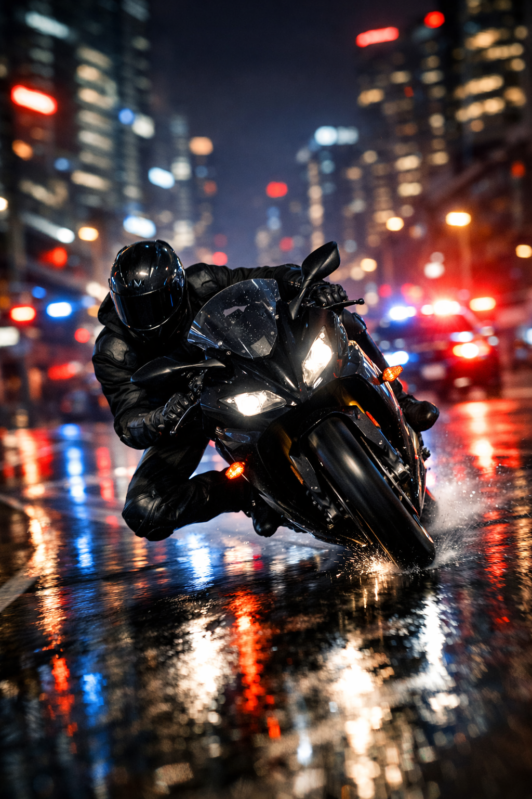 A motorcyclist in black gear leaning sharply on a sleek black sportbike speeding through a wet urban street at night with colorful city lights reflected on the pavement.