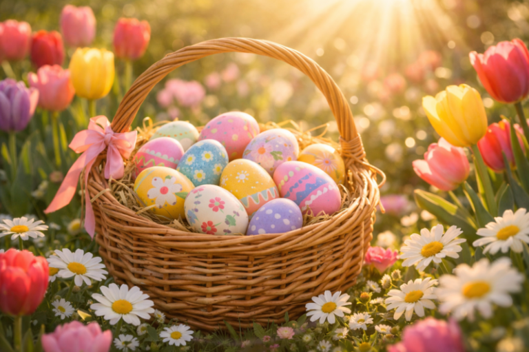 A wicker basket filled with pastel-colored eggs painted with flowers and patterns, surrounded by vibrant tulips and daisies in a sunlit garden.