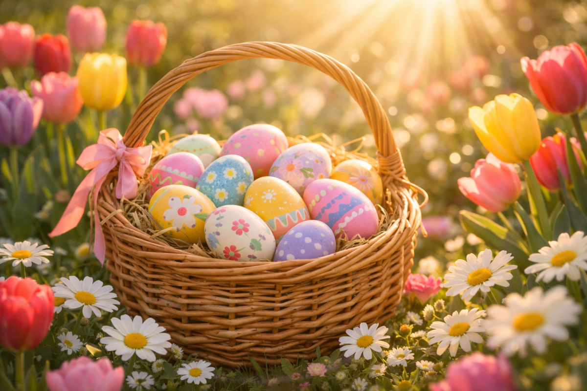 A wicker basket filled with pastel-colored eggs painted with flowers and patterns, surrounded by vibrant tulips and daisies in a sunlit garden.