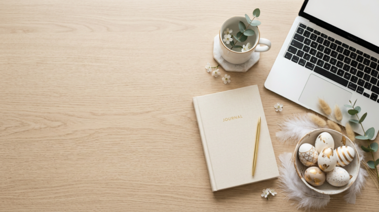 A flat lay of a wooden table with decorative Easter eggs in a bowl, a beige journal with a gold pen, a laptop keyboard, and a cup with green leaves and white flowers