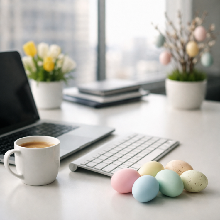 A modern office desk with pastel-colored Easter eggs, a white coffee mug, laptop, keyboard, and spring flower decorations