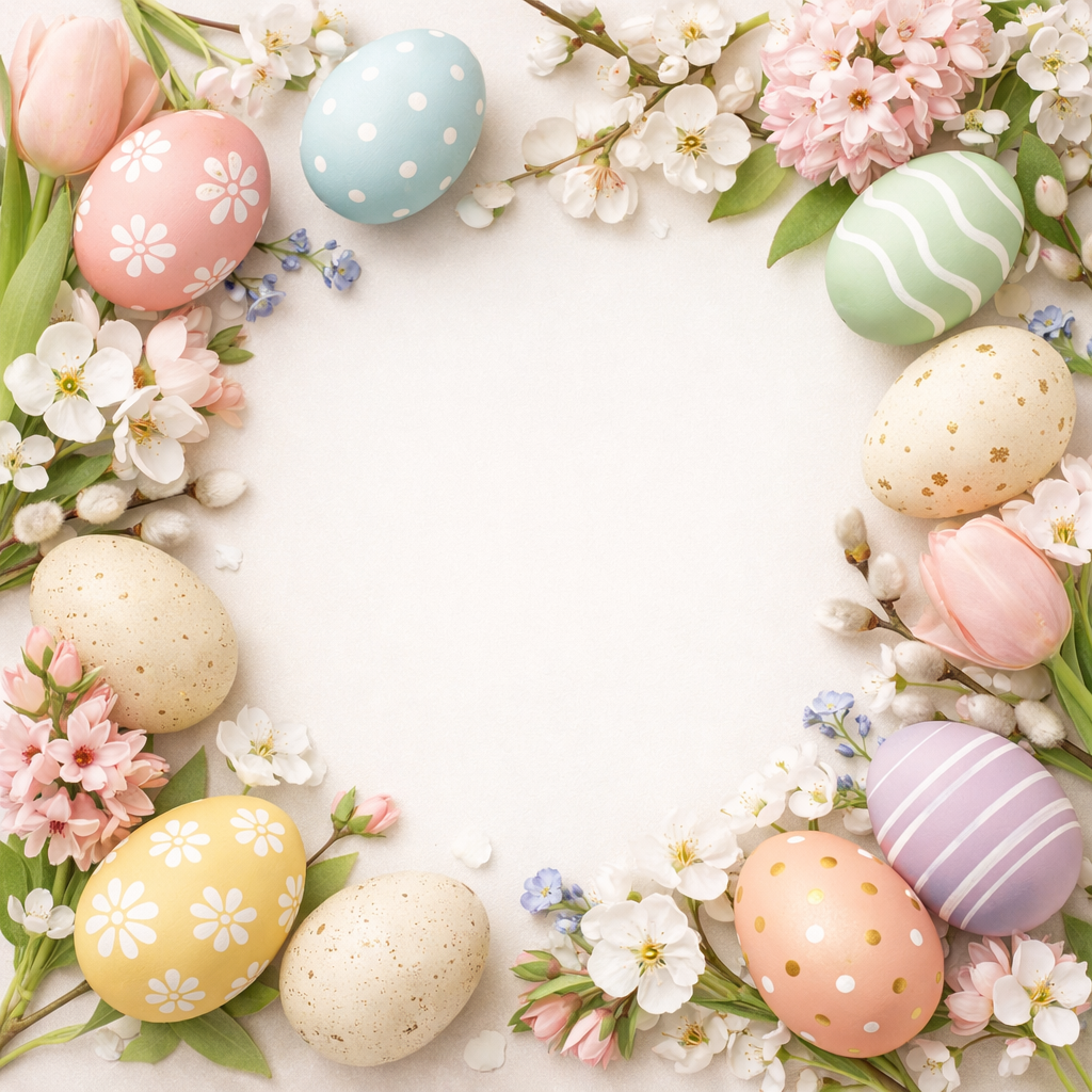 Colorful decorated Easter eggs arranged in a circular border with spring flowers and blossoms on a light background