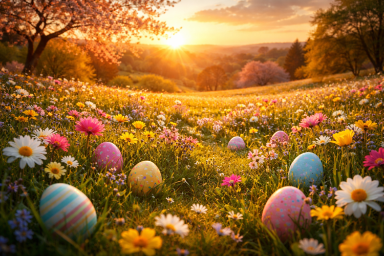 Colorful Easter eggs hidden among wildflowers in a sunlit meadow at sunset with trees in the background