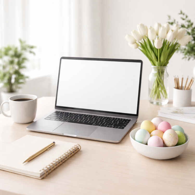 Modern workspace with a laptop, coffee cup, notebook, pastel Easter eggs in a bowl, and white tulips on desk