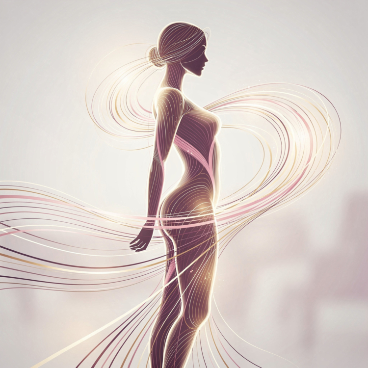Stylized abstract silhouette of a feminine figure with flowing, glowing lines in soft pastel hues