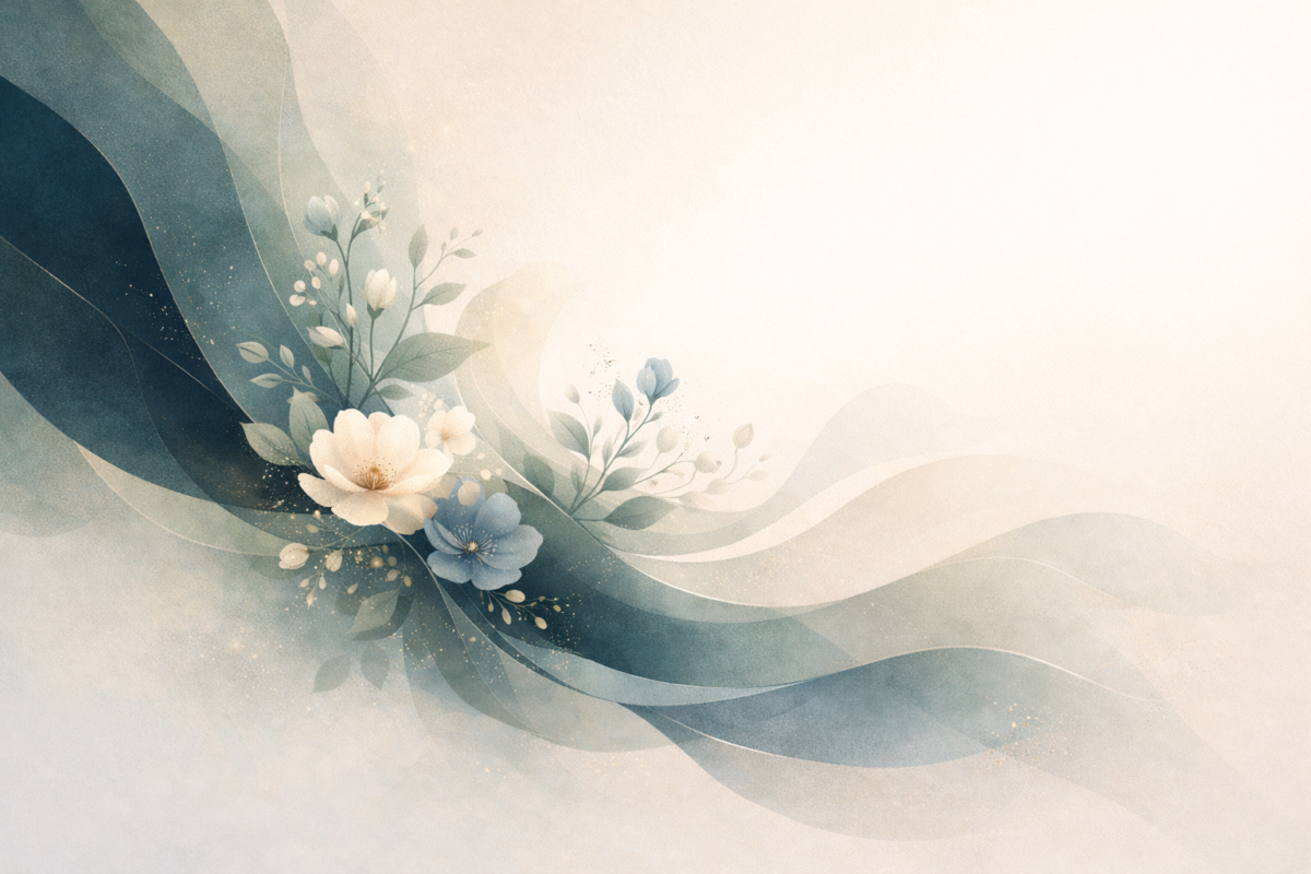 Abstract floral design featuring soft white and blue flowers with flowing translucent ribbons on a light background