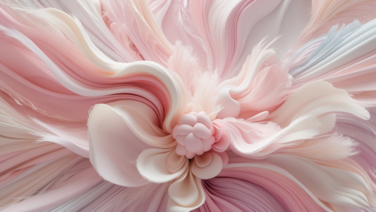 Abstract soft pink and white floral swirls with delicate flowing textures resembling petals in motion