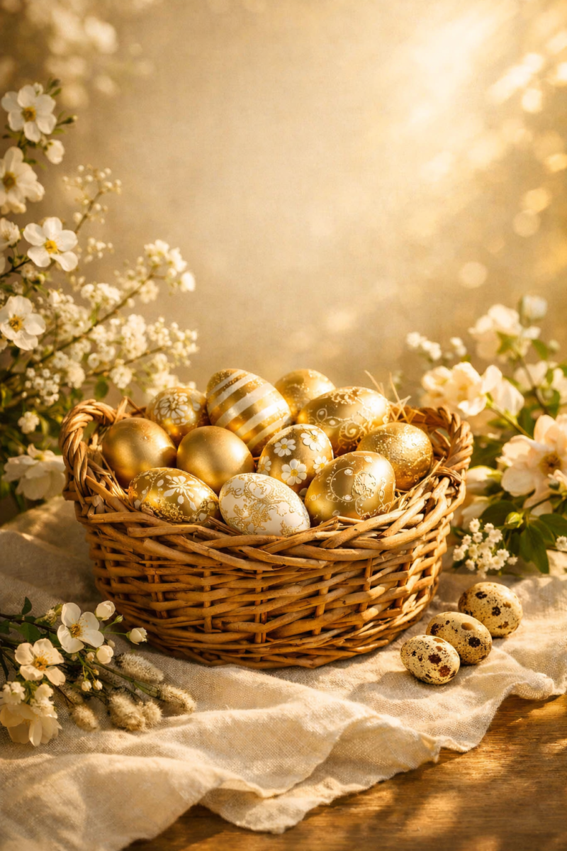 Wicker basket filled with beautifully decorated golden Easter eggs surrounded by white spring flowers on a rustic cloth