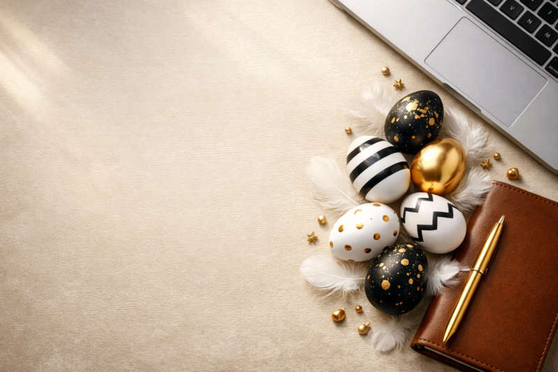 A cluster of artistically painted black, white, and gold Easter eggs on white feathers beside a laptop, brown notebook, and gold pen on beige surface