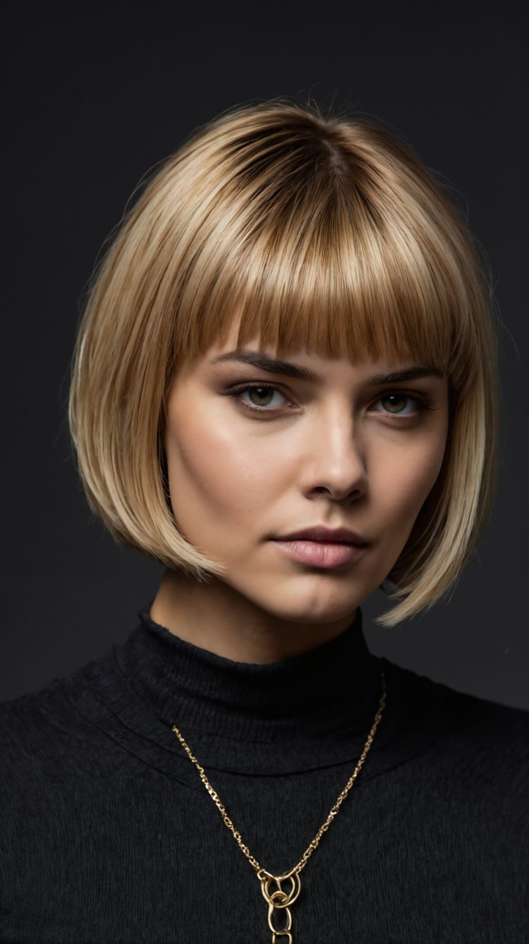 Close-up portrait of an elegant woman with a blonde short bob hairstyle wearing a black turtleneck and gold chain necklace