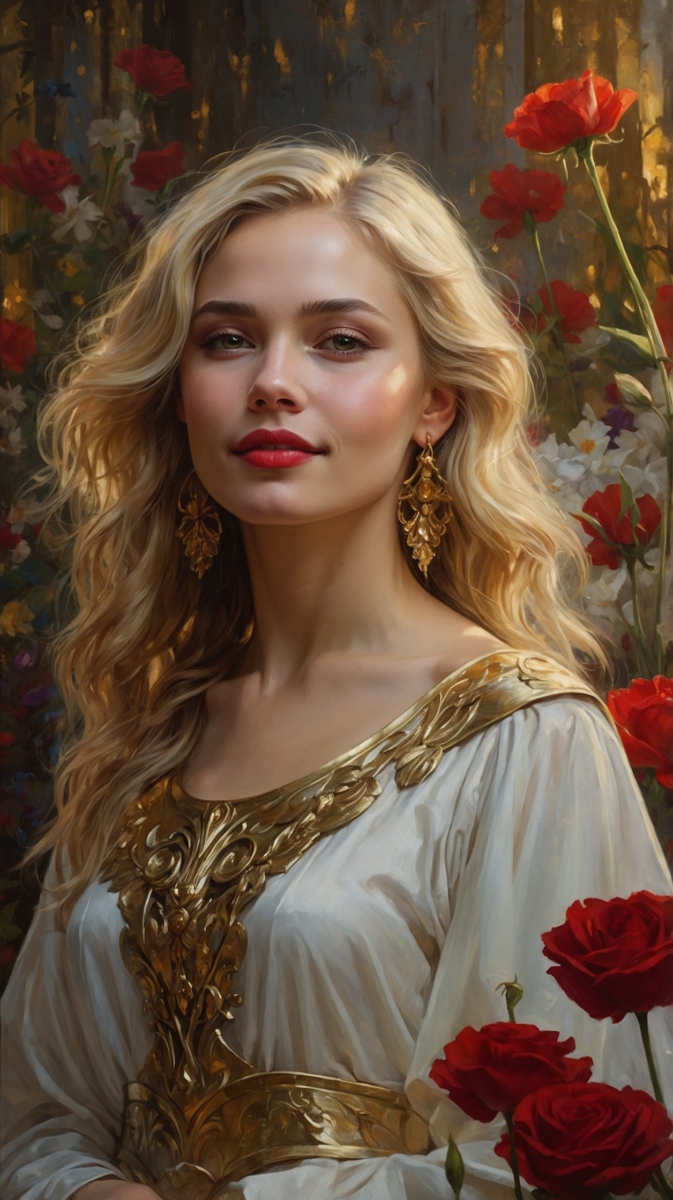 Portrait of a blonde woman in ornate gold-trimmed white dress surrounded by red roses and soft floral background
