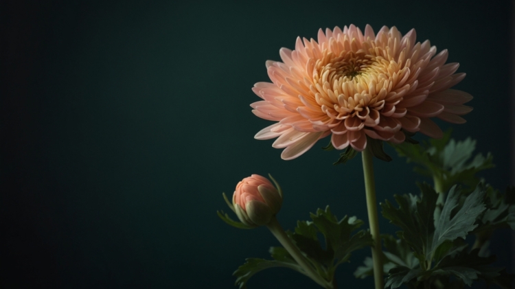 Close-up view of a blooming peach chrysanthemum flower with a bud and green leaves against a dark blurred background