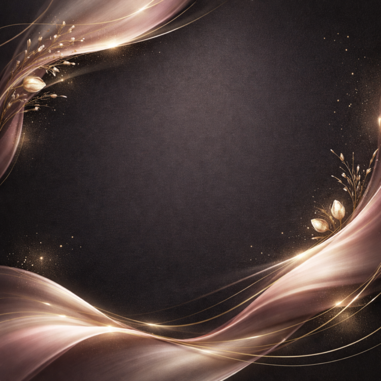 Dark textured background framed by smooth flowing pinkish-gold ribbons and delicate golden floral elements with sparkling highlights