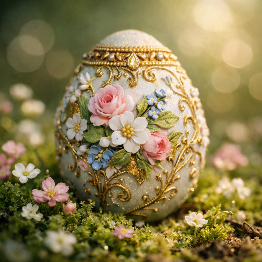 Intricately decorated Easter egg featuring pink roses, white and blue flowers with gold accents on a mossy background