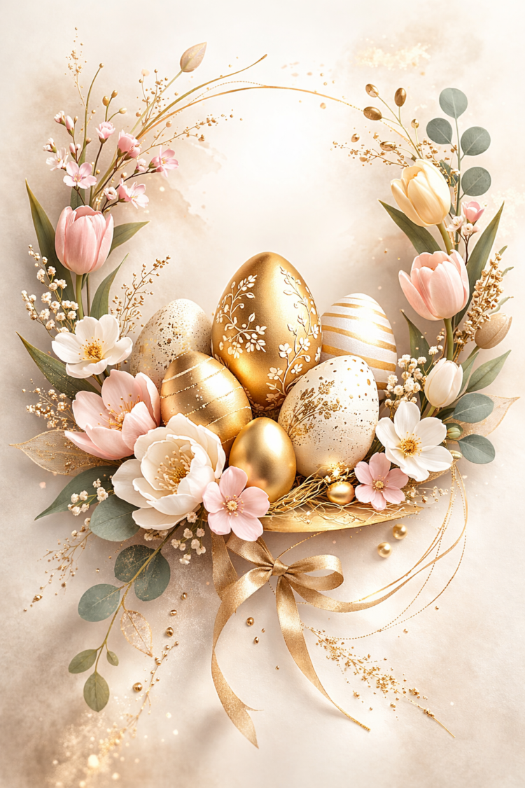 Golden and cream decorated Easter eggs arranged with pastel pink and white flowers in a delicate wreath design