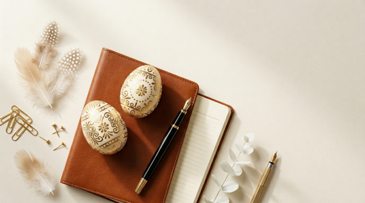 Two ornate golden Easter eggs on a brown leather notebook with a black fountain pen, surrounded by feathers and stationery items.