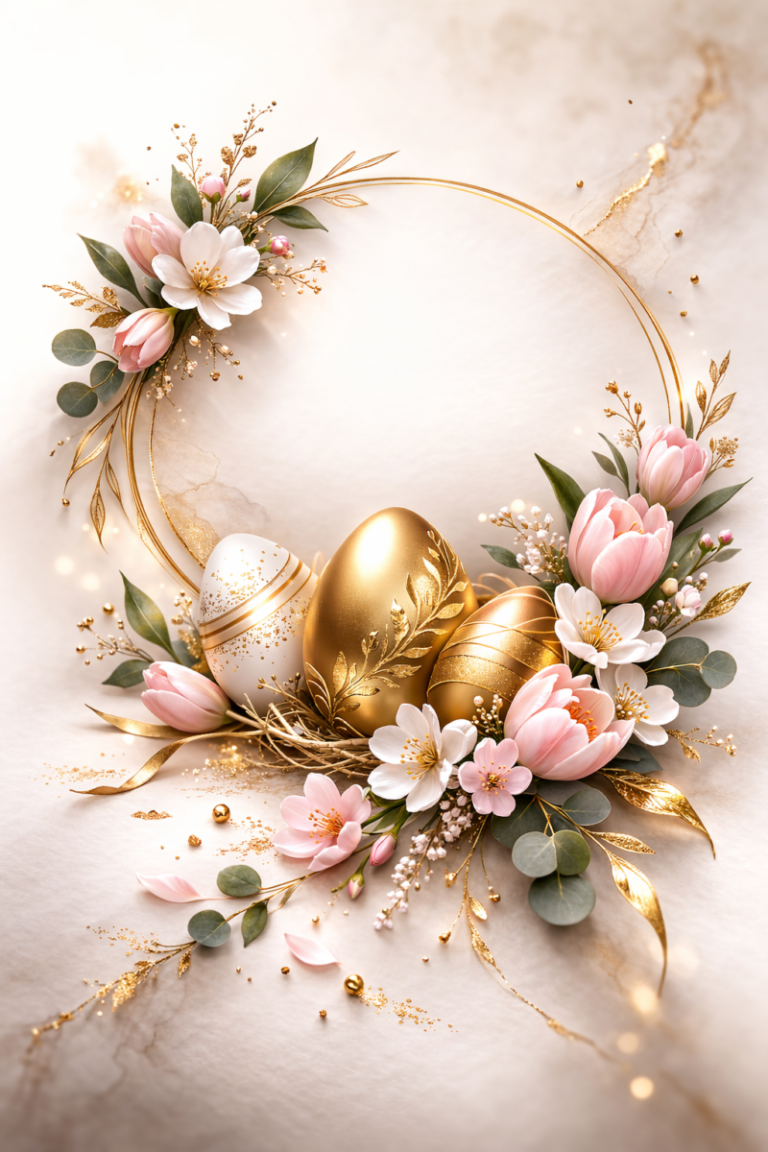 Gold and white decorated Easter eggs surrounded by a delicate floral arrangement with pink blossoms and green leaves on a soft background