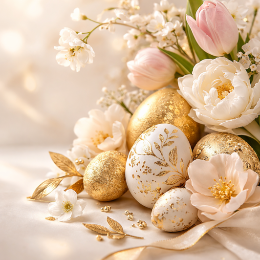 Golden and white decorated Easter eggs surrounded by delicate pastel pink and white flowers on a soft fabric background