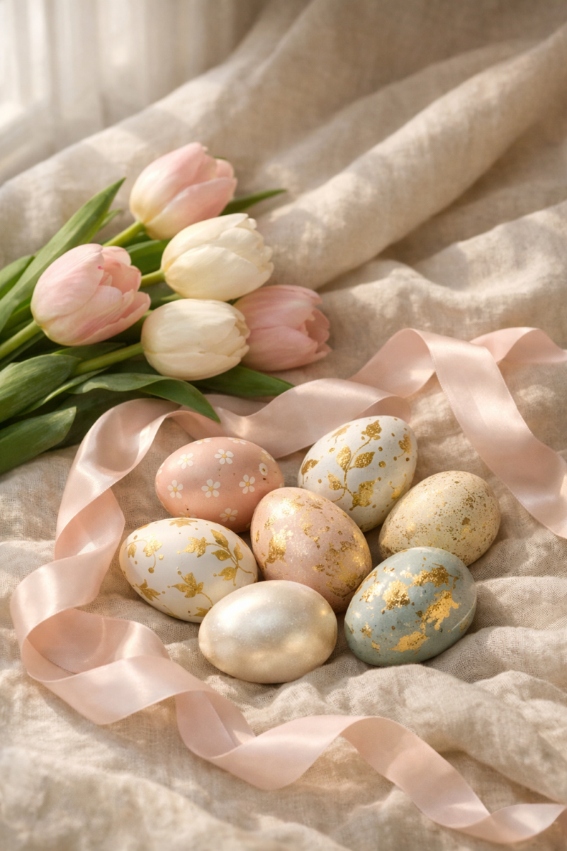 Decorative pastel Easter eggs with gold details arranged on a beige fabric with pink tulips and a satin ribbon