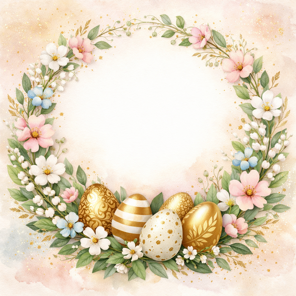 Decorative Easter floral wreath with pastel flowers and golden patterned eggs on a soft beige background