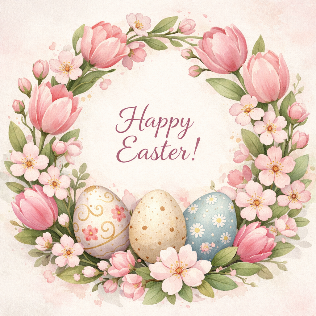 Watercolor Easter wreath with pink tulips, blossoms, green leaves, and three decorated eggs beneath text saying Happy Easter