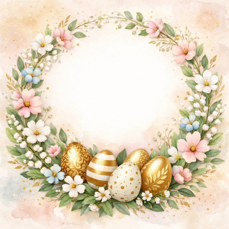 Vintage floral wreath with pink, white, and blue flowers surrounding golden decorated Easter eggs on a soft pastel background