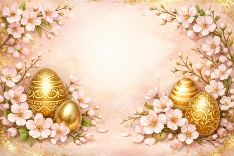 Golden Easter eggs decorated with intricate patterns nestled among soft pink cherry blossoms on a pastel background