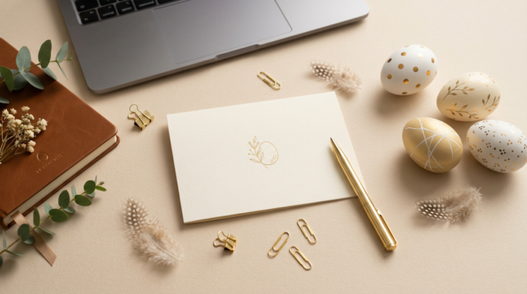 Minimalist Easter card with gold floral egg design, surrounded by golden decorated eggs, pen, feathers, and notebook on beige surface