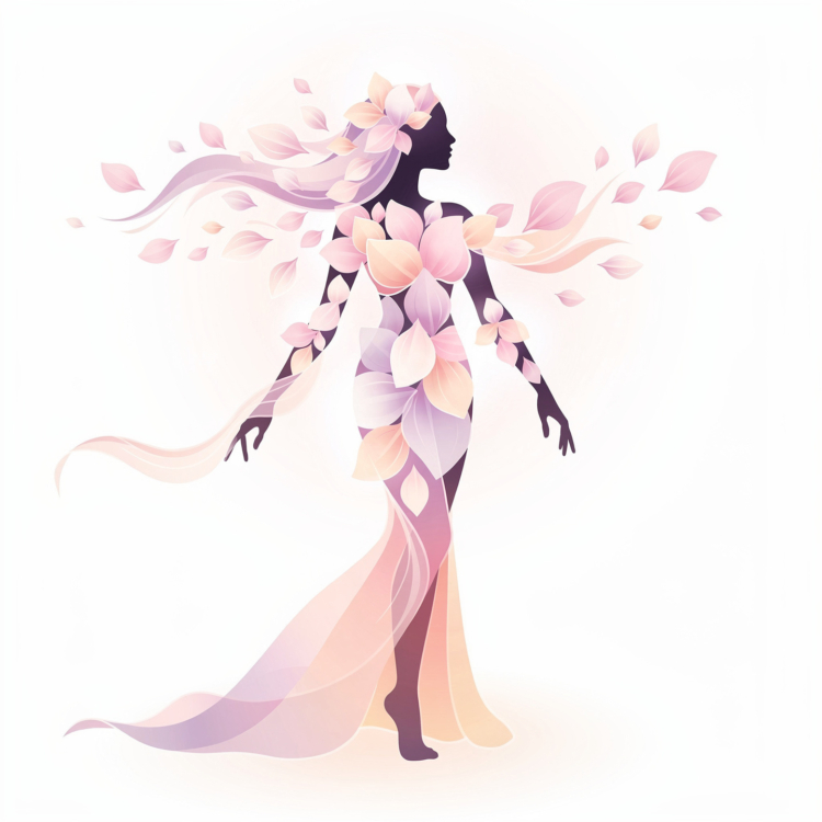 Vector illustration of a graceful woman silhouette adorned with flowing pastel petals and floral elements blending into a soft dress