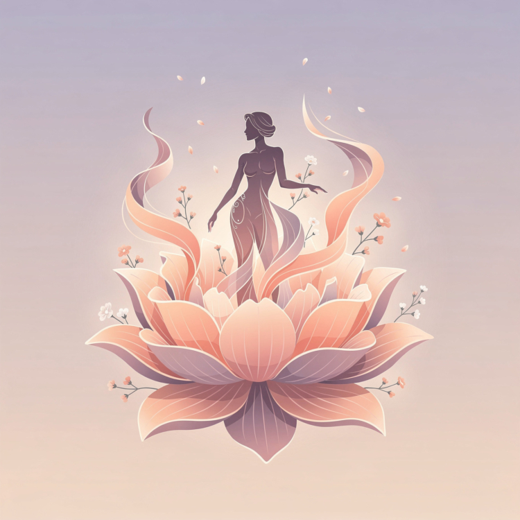 Graceful female silhouette rising from large pink lotus flower with flowing translucent ribbons and delicate blossoms