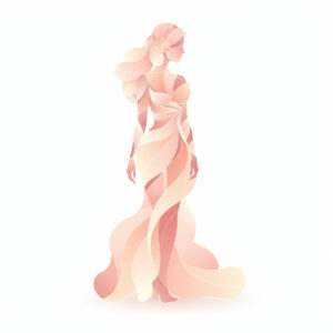 Abstract elegant female silhouette wearing a flowing pink and peach dress in soft gradients